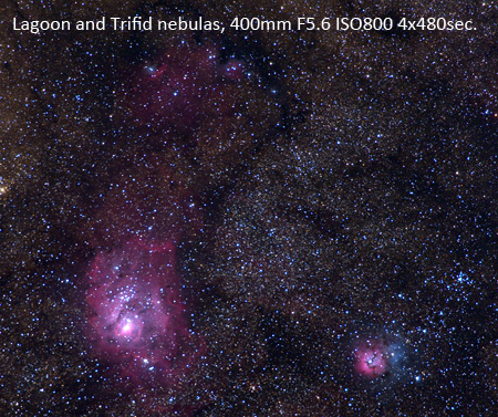 Lagoon and Trifid nebulas, 400mm F5.6 ISO800 4x480sec.